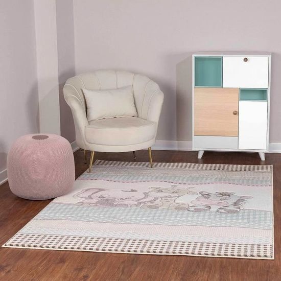 Tapis Chambre Enfant Ours Coloré - 80x150 Cm Poil Court Doux Crème Orange Brun Bleu