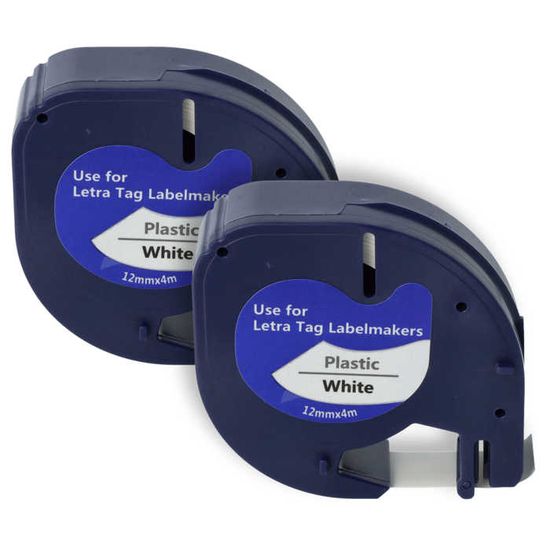 2 stuks zelfklevende tape van kunststof, wit, A91221, compatibel met Dymo Letratag 12 mm x 4 m, zwart op wit, voor Dymo Letratag LT-100H, LT-100T, 200B, XR, XM