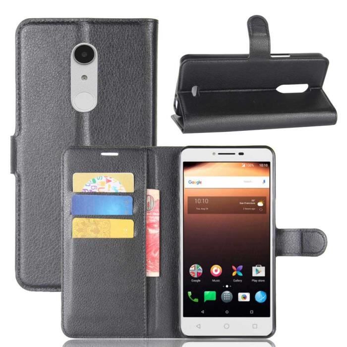 Coque Alcatel A3 XL, Antichoc avec Crédit Carte Fente Folio Cuir Portefeuille Intérieur Silicone Protection, Noir