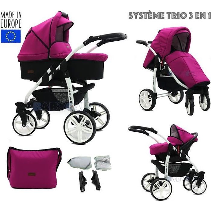 Noir-Rose LEGRO Trio Poussette - Landau 3en1 Combinée avec siège auto, ROUES PIVOTANTES - W2