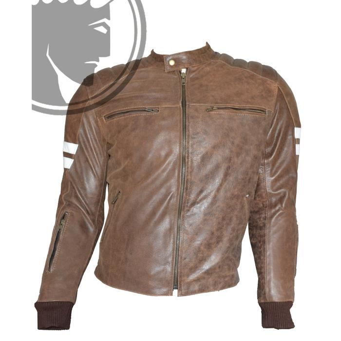 BLOUSON MOTO HOMME CUIR BIKER RETRO MARRON XL