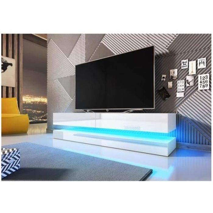 Meuble TV design suspendu FLY 140 cm à 2 tiroirs, coloris blanc mat et blanc brillant brillant + led Blanc