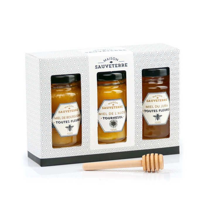 Coffret cadeau 3 miels et cuillère à miel - Coffret cadeau 3x125g