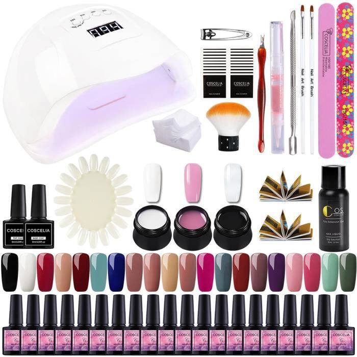Coscelia 80W UV/LED Lampe Kit 20pc Vernis Semi Permanent Poly Extension Gel Faux Ongle Cleanser Plus Base Coat Top Coat Nail Art
