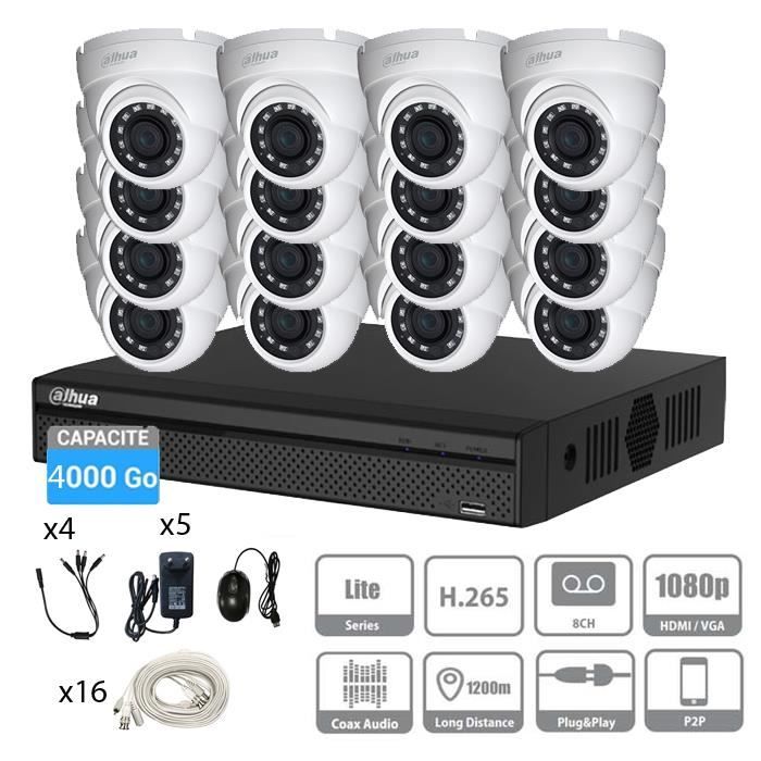 Kit vidéosurveillance 4To DAHUA 16 caméras dômes 2 Mpx