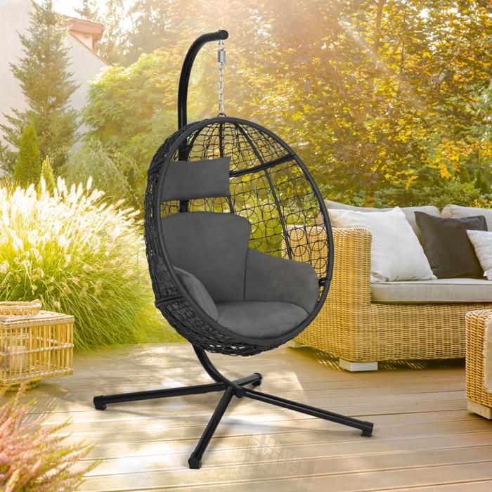 Fauteuil Œuf Suspendu IDMarket - Effet Rotin Gris Avec Coussin - Support Included