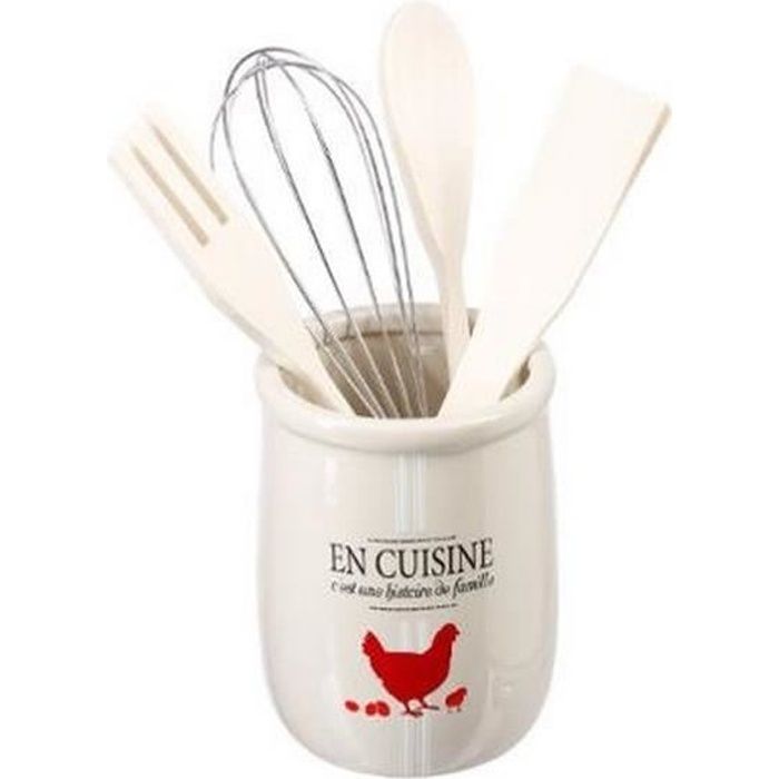 USTENSILES DE CUISINE X4 + POT CÉRAMIQUE POULE