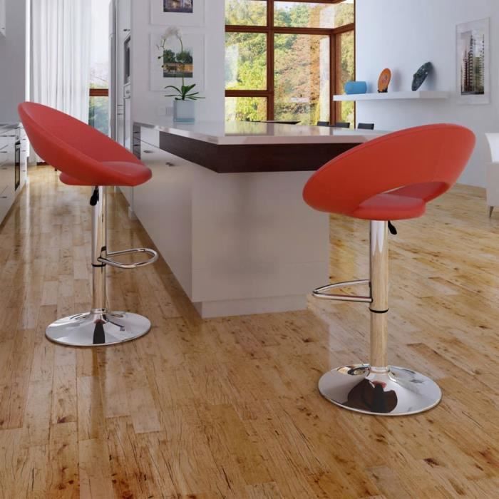 Lot de 2 tabourets de bar en Similicuir - Hauteur réglable - H 57,5 - 78,5 cm - Design moderne - avec Repose-pied chromé - Rouge