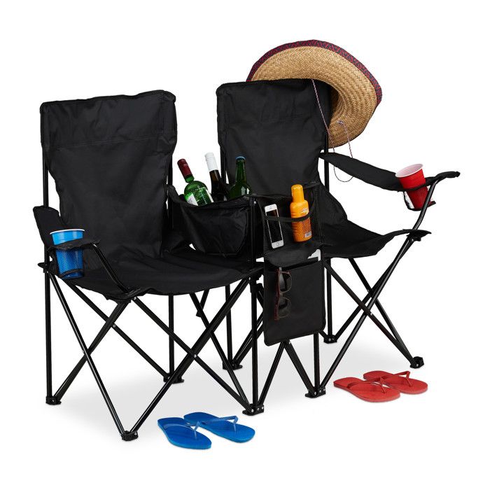 Relaxdays Chaise de camping double, Fauteuil de jardin 2, Pliable, Glacière, Rangement porte-boissons - 4052025929350
