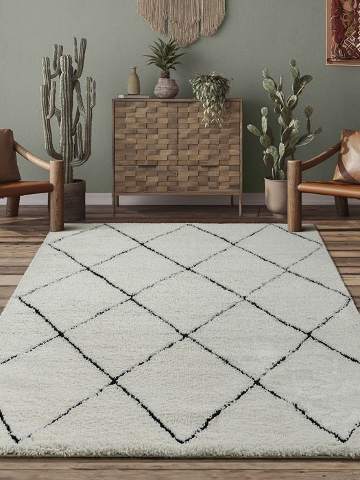 Tapis Shaggy - THE CARPET - Bahar - Doux - Insonorisé - 140x200 cm - Blanc Noir