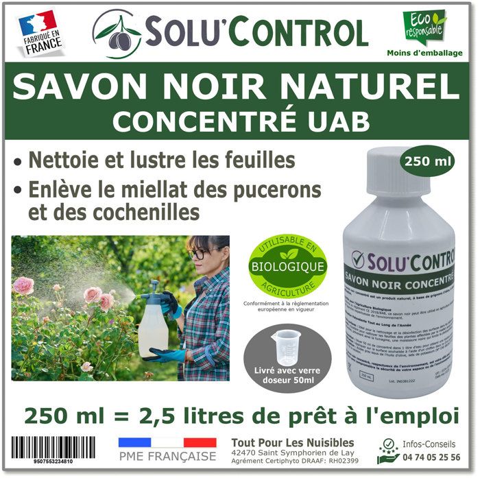 Savon Noir Naturel Concentré UAB SoluControl 250 ml Nettoyant Feuilles et Enlève Miellat - pucerons - cochenilles