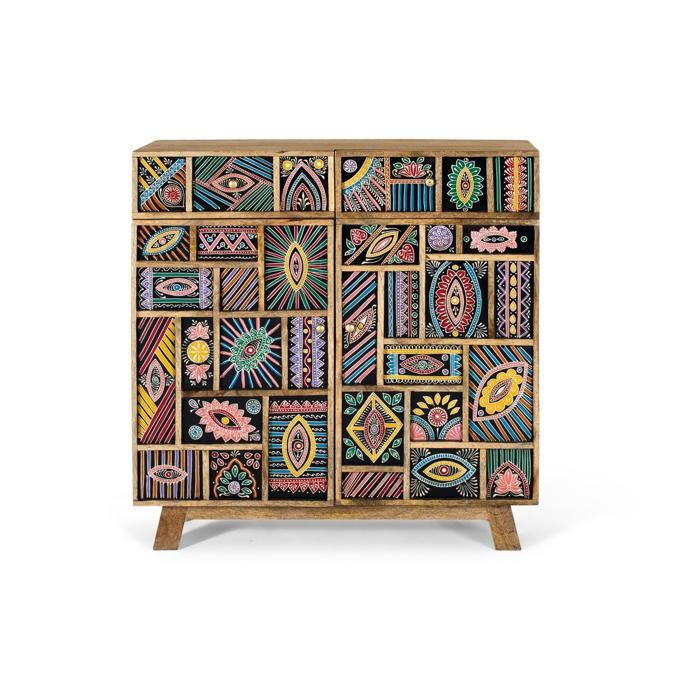 Buffet Bas - Mangoholz - 80 cm - Multicolore - 2 Portes - 2 Tiroirs - Détails Peints à la Main