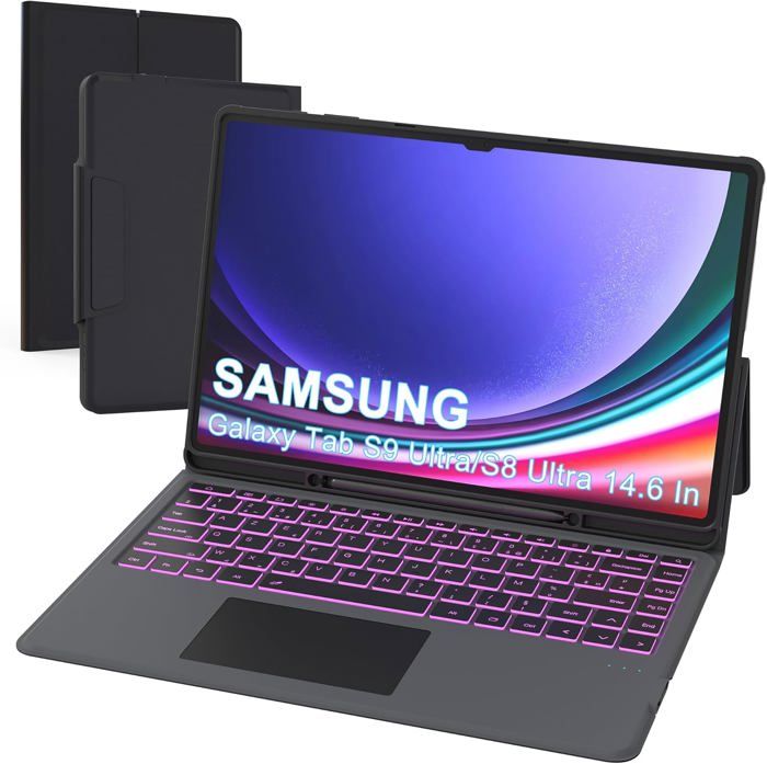 Étui Clavier Pour Samsung Galaxy Tab S10 Ultra/S9 Ultra/S8 Ultra 14.6-7 Couleurs Rétroéclairées Tablette Coque Sans FilNoir