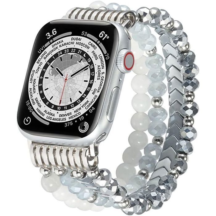 Stravo Bracelet montre perles bohème élastique Apple Watch 44/45/46/49mm Series 4-12 SE 1-3 Ultra 2-4 – Femme – Flèche Argentée