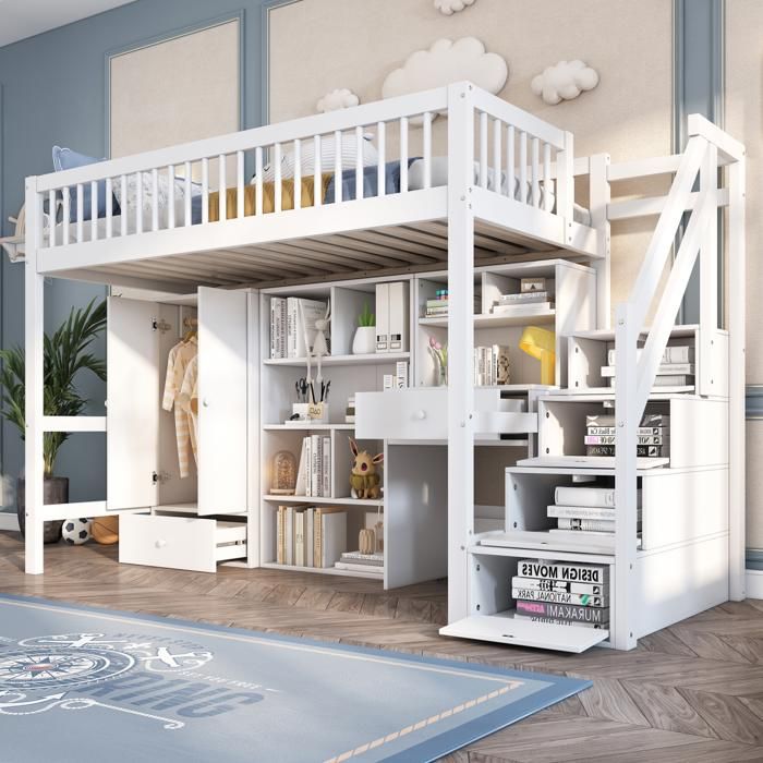 Lit Superposé Enfant 90x200 Cm Avec Bureau, Armoire Et Rangements - Escalier Sécurisé, Bois Massif Et MDF - Blanc - Sans Matelas