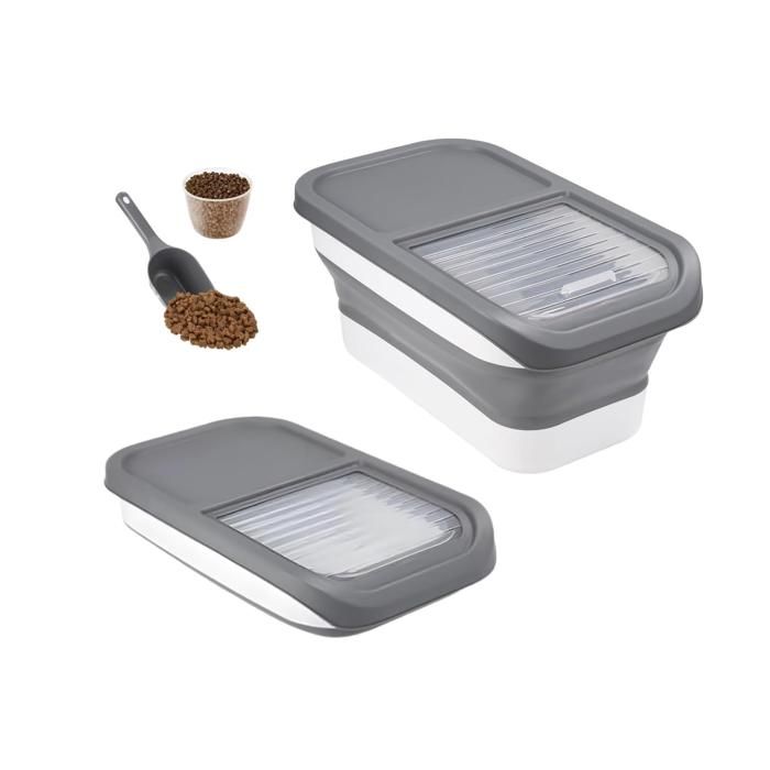 Conteneur à Croquettes pour Chien Chat 10KG Boîte de Stockage Pliable avec Cuillère et Tasse à Mesurer Gris Seau Hermétique