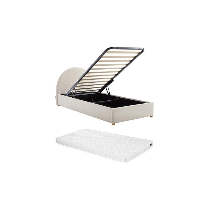 Lit coffre 90 x 190 cm - Velours côtelé - Beige + Matelas - LIRIMO