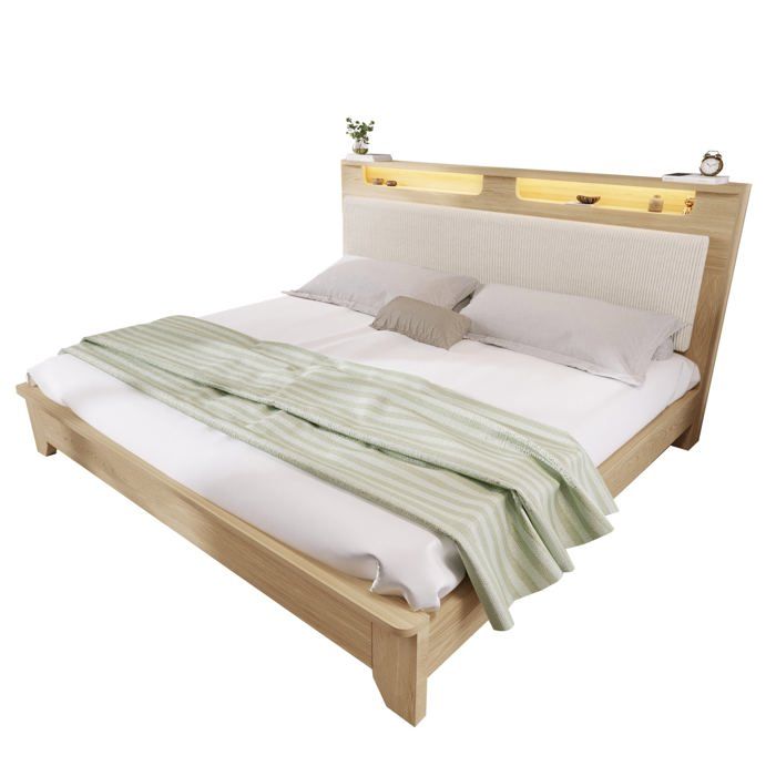 Lit double 160x200 cm en bois avec sommier tête de lit avec LED intégrées dossier en tissu côtelé beige (matelas non inclus) Lit double 160x200 cm en bois avec sommier tête de lit avec LED intégrées dossier en tissu côtelé beige (matelas non inclus)