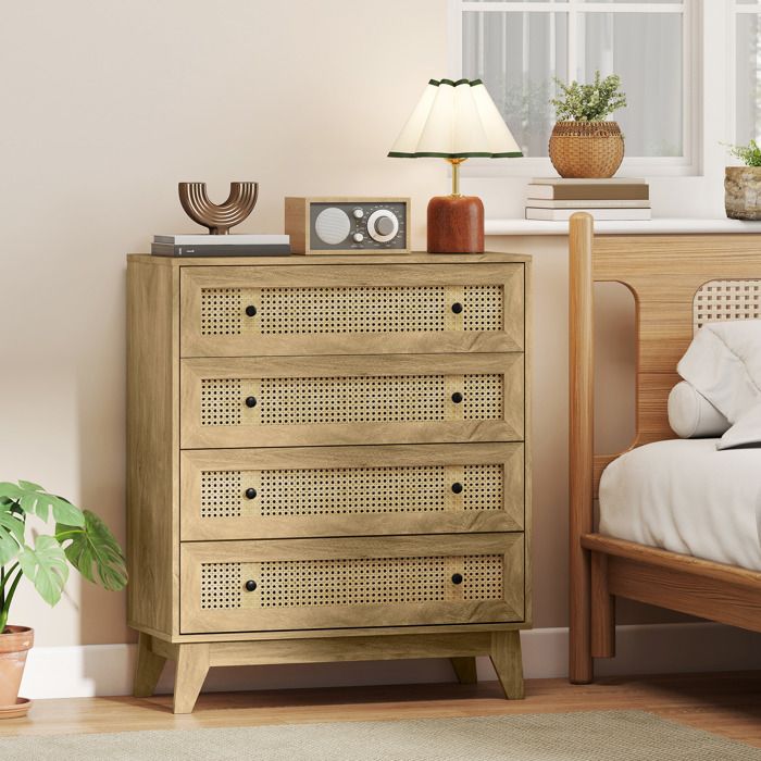 Commode 4 tiroirs meuble de rangement cannage en rotin aspect bois clair 80 x 35 x 95 cm