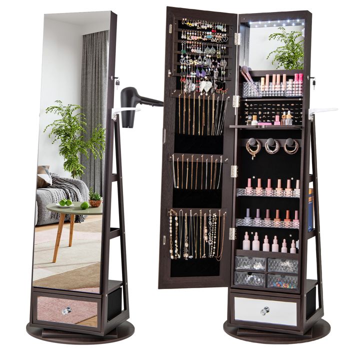 4 en 1 Armoire à Bijoux Pivotante à 360° COSTWAY Lumières LED et Miroir Support de Sèche-cheveux Etagères à larrière Café