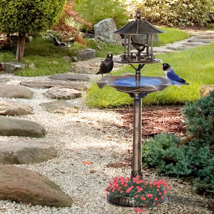 Bain doiseaux Abreuvoir pour Oiseaux jardinière 3 en 1 dim. Ø 50 x 113H cm polypropylène Bronze Antique