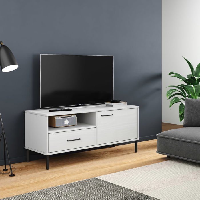 Meuble TV moderne - VIDAXL - Blanc - Pin massif - 106x40x465 cm - 1 tiroir - 1 porte - Pieds en métal