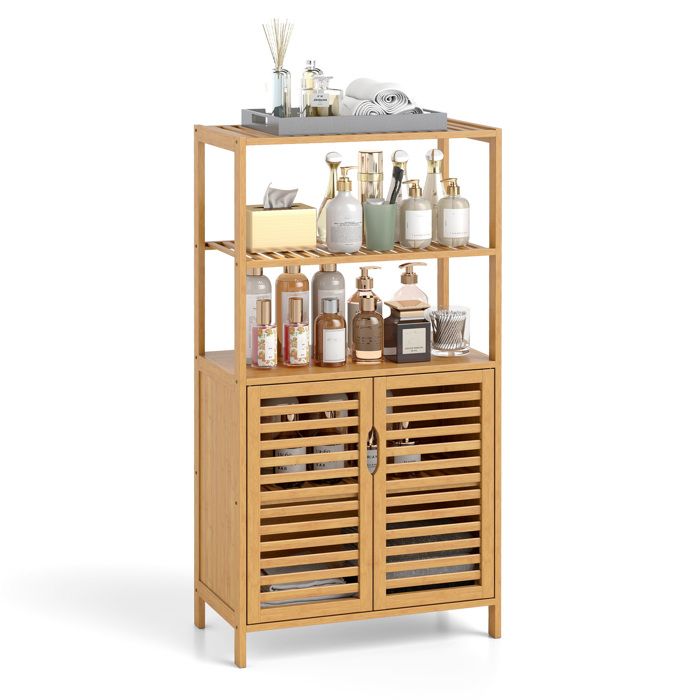 GIANTEX Buffet de Cuisine en Bambou- Étagères Ouvertes- Armoire à Portes- Étagère de Rangement- Salon Salles de Bain- 60x33x116 cm