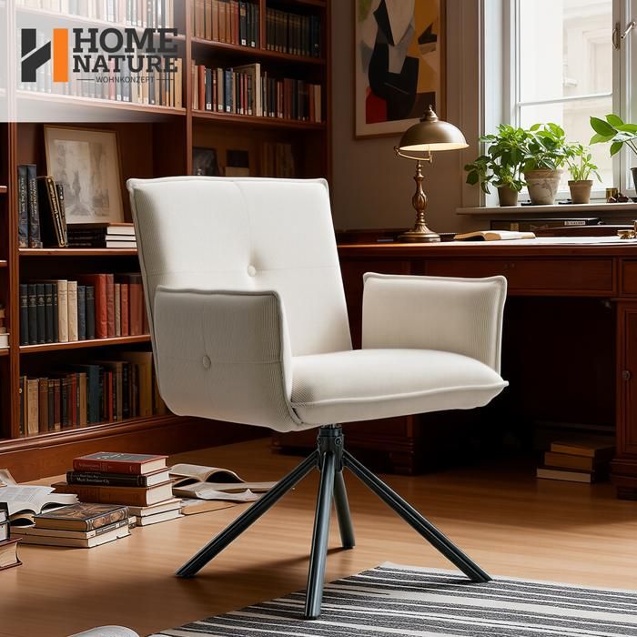 Chaise Bureau Pivotante - Velours côtelé - Pivot 360° - Structure métal robuste - Accoudoirs (Blanc cassé)