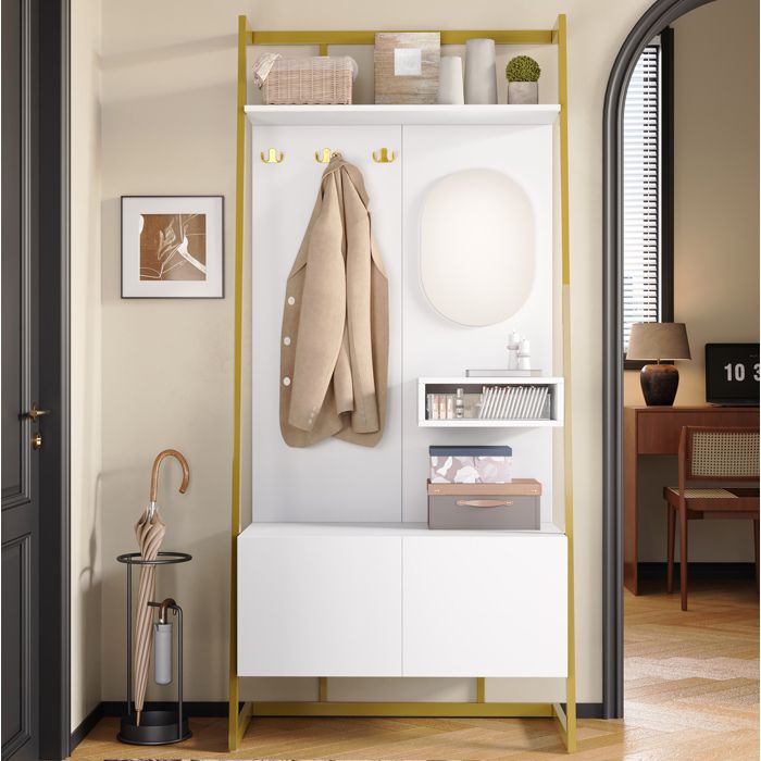 Maisentiel Vestiaire dentrée blanc 78 x 38 5 x 180 5 cm avec miroir crochets métal et meuble à chaussures