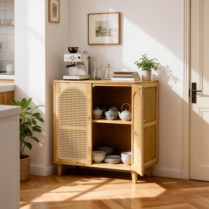 Buffet en Bambou avec Portes en Rotin Tressé - Design Épuré Étagères Réglables pour Salle à Manger Salon ou Entrée - 75x39x82cm