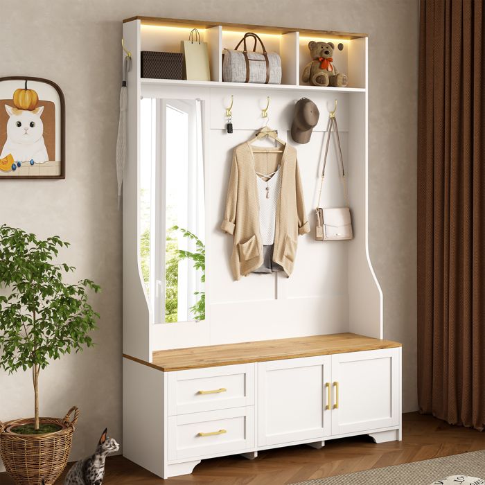 Armoire dentrée meuble à chaussures multifonctionnel pour le couloir avec éclairage LED miroir crochets et tiroirs et siège