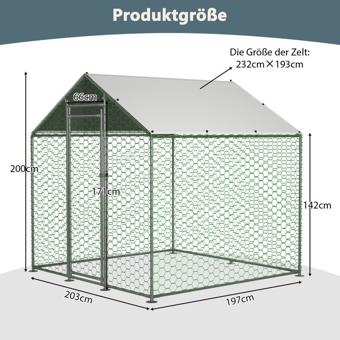 Meilleurs prix pour Enclos libre poulailler - 2x2x2 m - Serrure de sécurité - Bâche PE imperméable - Métal galvanisé - Filet PVC