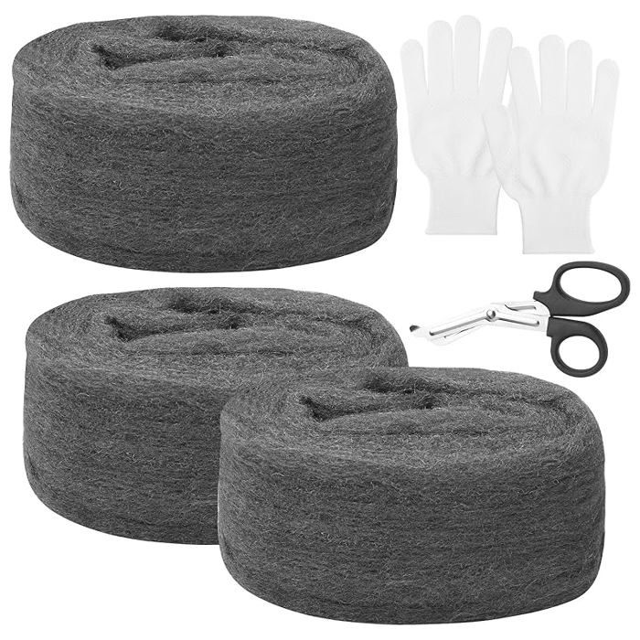 3 rouleaux de laine acier contre les souris 3 m de laine acier 0000 fine Avec gants de travail et ciseaux -