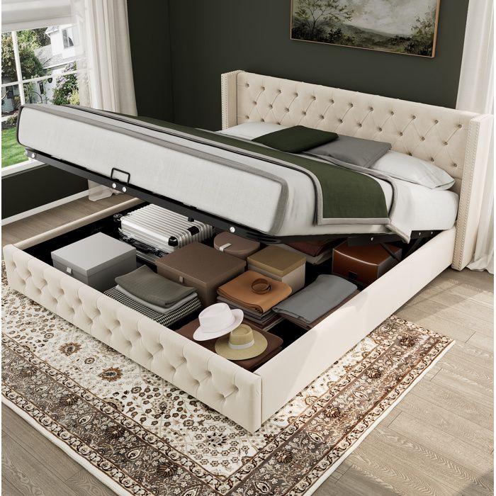 Lit double beige 140 × 200 avec coffre hydraulique velours capitonné sans matelas