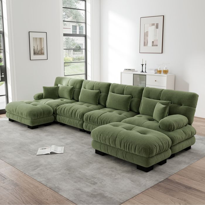 Canapé dangle modulable en chenille 406 x 145 x 81 cm canapé rembourré en U 4 places avec pouf amovible Conception flexible Vert