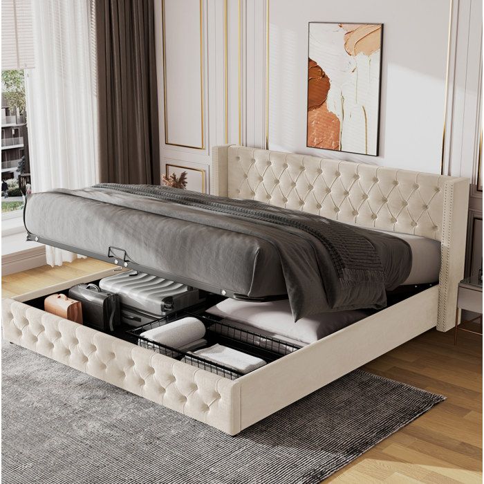 Lit Coffre Hydraulique 160x200 cm Lit 2 Place Pour Adulte Design Rivet Avec Fond Velours Beige
