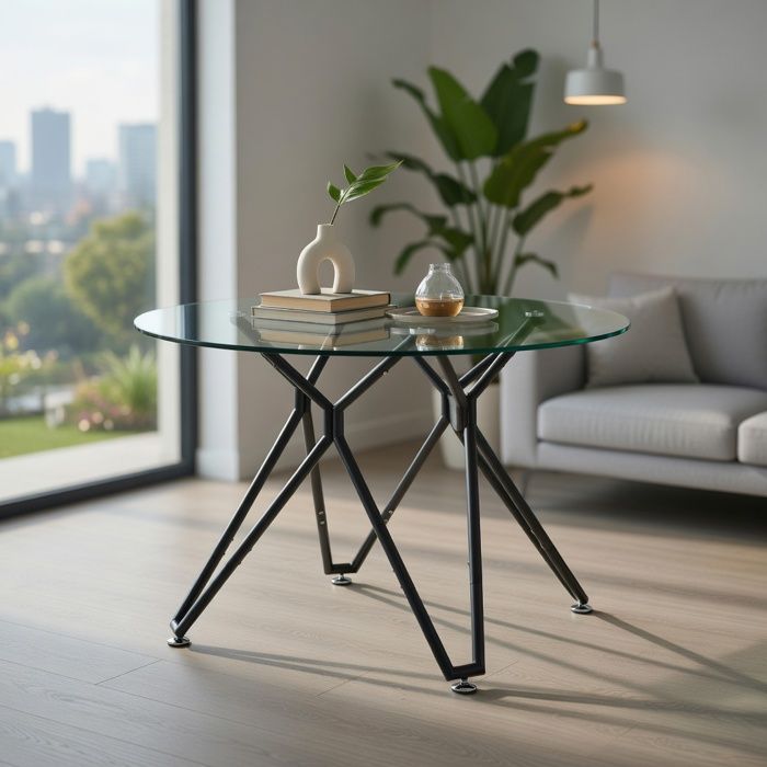 Table salle à manger ronde 90 cm verre trempé 1 à 4 personnes pieds métalliques cuisine salon -Pugsdrlynoire