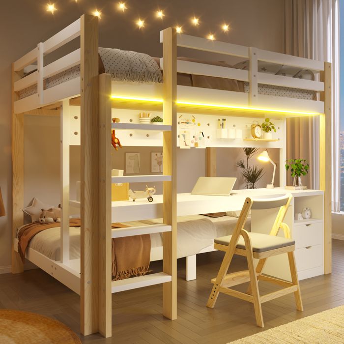 Lit mezzanine avec bureau - Dimensions 90x200 cm et 140x200 cm - Bois de pin naturel et blanc - Tiroirs intégrés