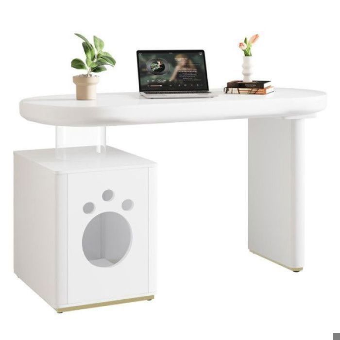 Bureau dordinateur finition brillante totale blanc plateau courbe 2-en-1 avec rangement et nichoir dimensions 117 x 50 x 76 c