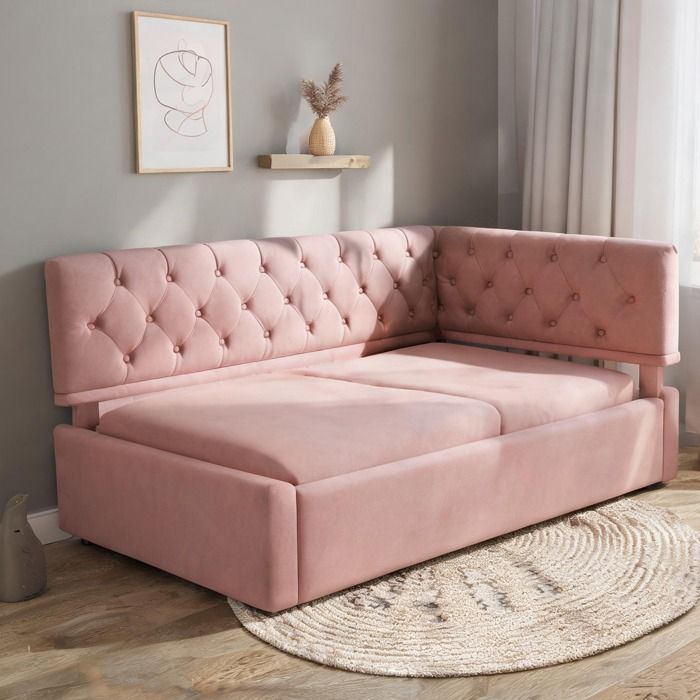 Méridienne en velours chaud rose avec rangement hydraulique 90x190 cm - Design L contemporain