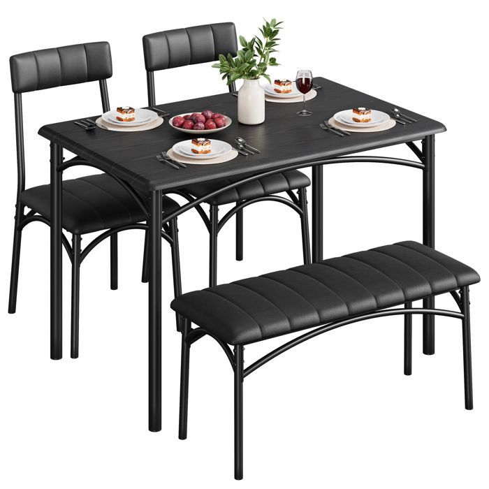 Garvee Ensemble salle à manger 4 pièces compact: table bois banc rembourré 2 chaises. Idéal petit espace style rétro. Noir.