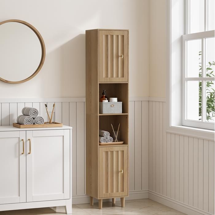 Meuble rangement salle de bain colonne étroite 2 portes et niches ouvertes aspect chêne MDF 32x30x169 cm ORVRYN