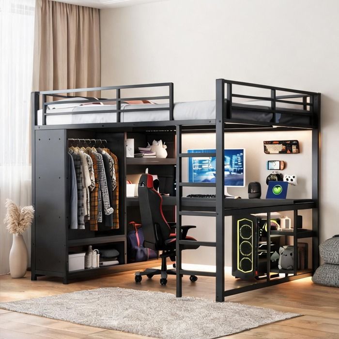 Lit mezzanine enfant en métal deep black avec bureau rangements et LED style épuré