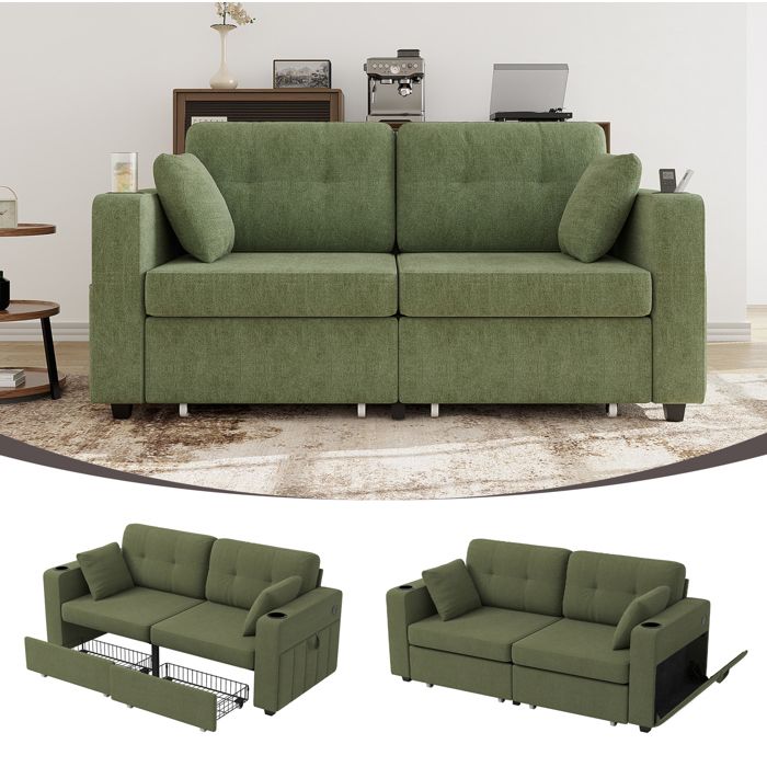 Canapé fixe 2 places en chenille vert olive 172 x 75 x 82 cm avec 2 tiroirs ports USB porte-gobelets