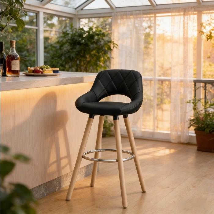 WOVREO Tabouret de bar avec dossier et accoudoirs 68 cm simili noir pieds en bois massif