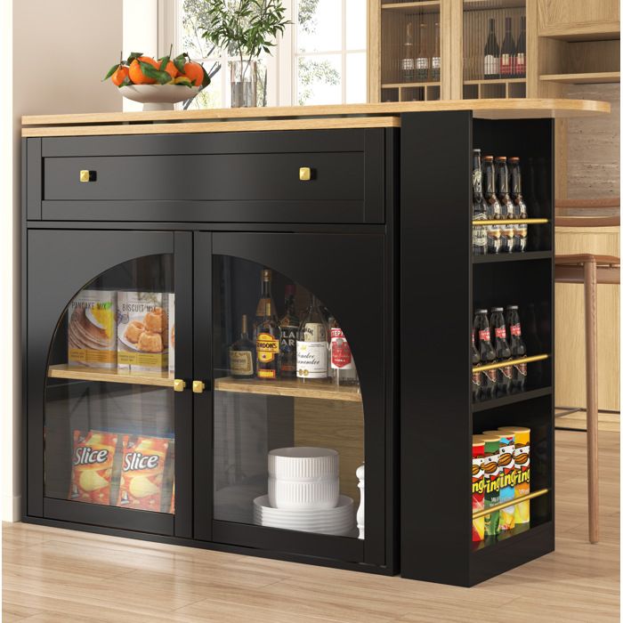 WOVREO Table de bar extensible 138-204x39x104 cm pivotante 360° avec rangement MDF noir et verre