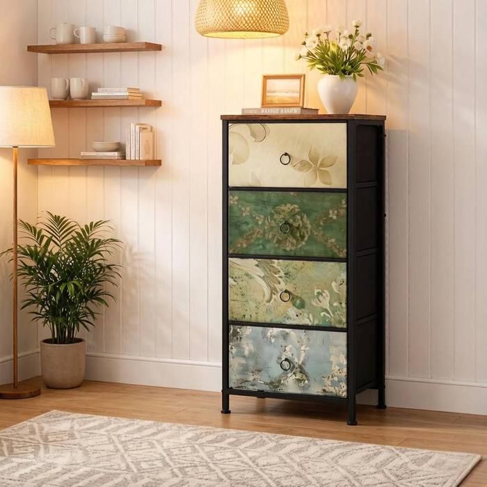 Commode 4 Tiroirs en Tissu avec Plateau et Pieds Réglables - ELVMI - Vintage pour Chambre Entrée Métal Bois 45×30×95 cm