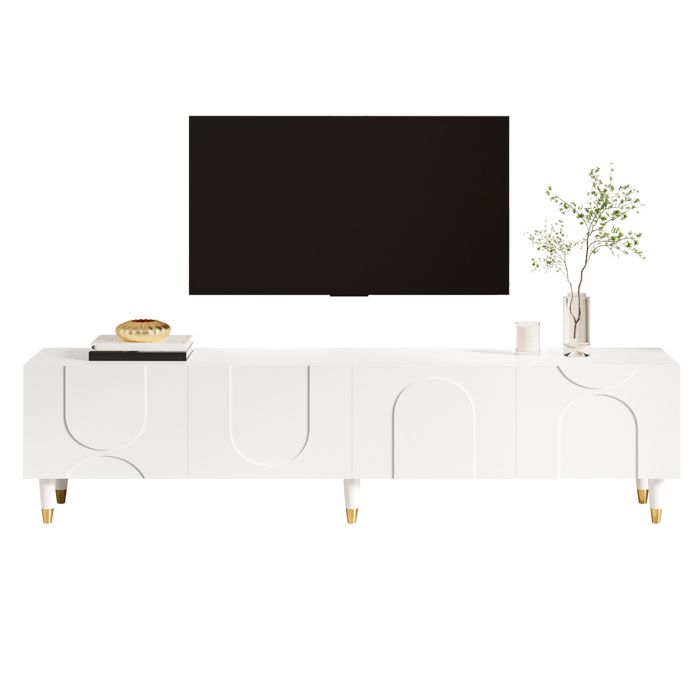 Meuble TV bas - Blanc - Moulures asymétriques - Quatre portes - Rangements multifonctionnels - Pieds en bois massif