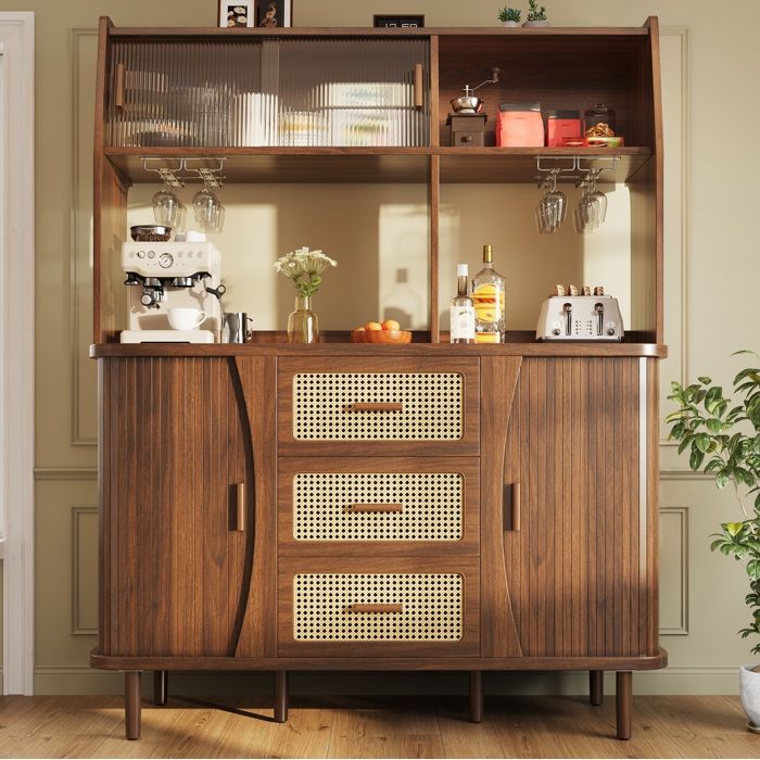Buffet Haut En MDF Noyer Bahut Vintage FloraGrace Pour Cuisine Ou Salle A Manger Porte Coulissante En Verre 140x40 5x174 5cm