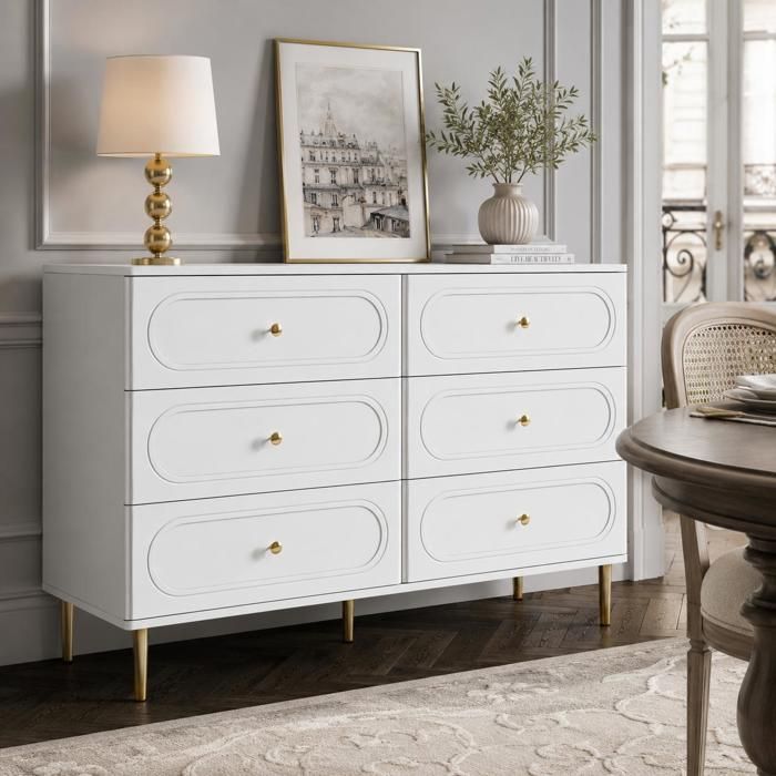 Buffet Salle à Manger COZHYESS 120x40x75 cm Bahut Commode 6 Tiroirs Façades Ovales Pieds Métal Rangement - Blanc